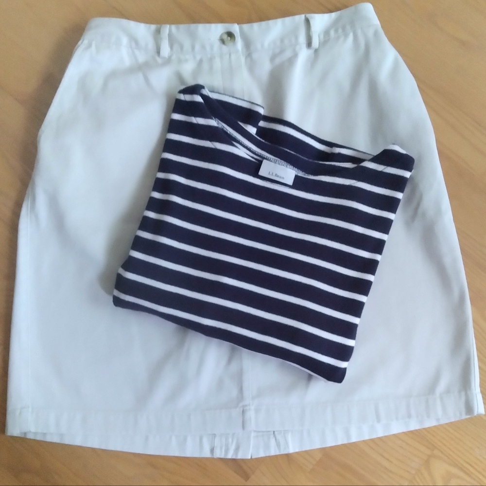 L.L. Bean Bundle‎ Classic Khaki  Cotton Skirt and Nautical Breton Stripe Top